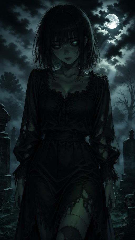 A pale zombie girl with stitched skin stands in a misty graveyard at night under a full moon, wearing a torn black dress.