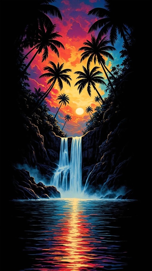 A colorful digital painting of a waterfall flowing into a pool, framed by dark palm tree silhouettes against a bright orange and purple sunset sky with the sun reflecting on the water.