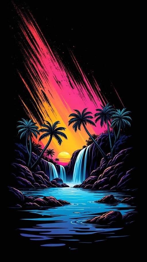 Digital illustration of a tropical sunset with palm trees and waterfalls.