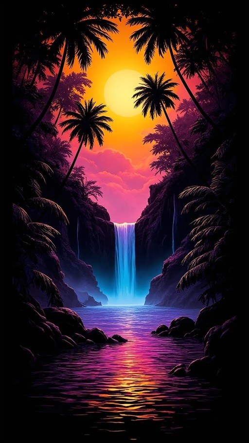 A vertical digital illustration of a tropical waterfall at sunset, framed by silhouetted palm trees against an orange and pink sky.