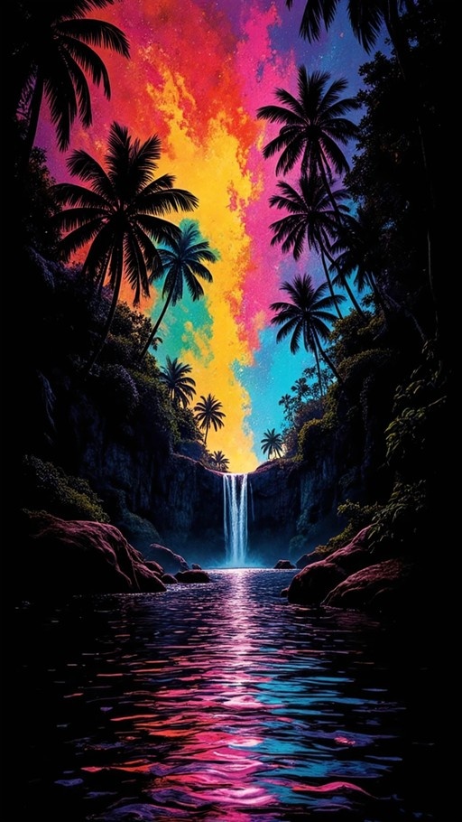 A vibrant digital illustration of a waterfall cascading into a pool surrounded by silhouetted palm trees under a colorful starry night sky.