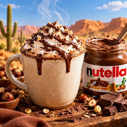 A steaming mug of hot chocolate topped with whipped cream and chocolate syrup sits next to an open jar of Nutella in a sunny desert setting with cacti and mountains.
