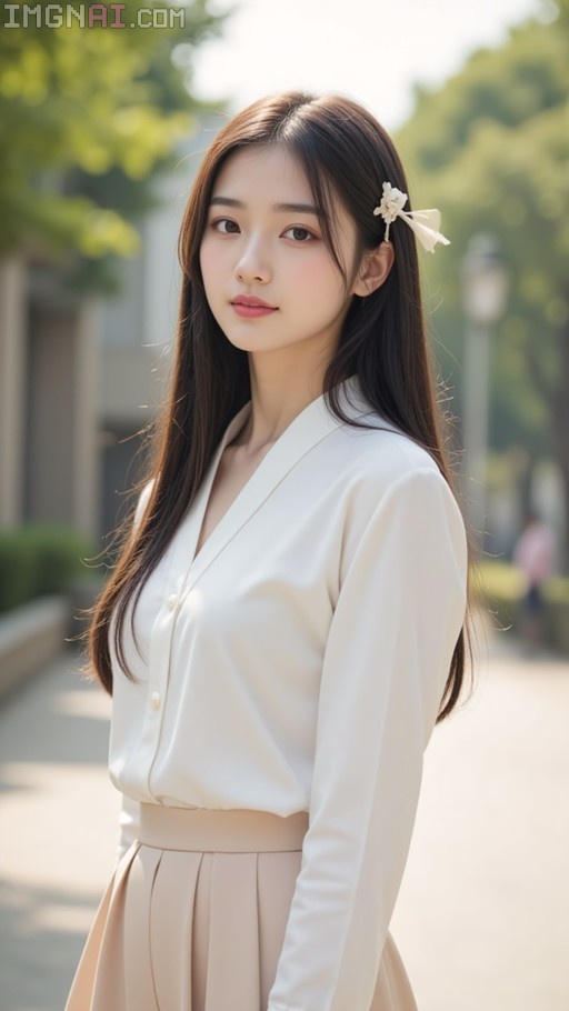 A young Asian woman with long dark hair and a white flower hair clip stands outdoors wearing a white blouse and beige pleated skirt, looking at the camera against a blurred background of trees.