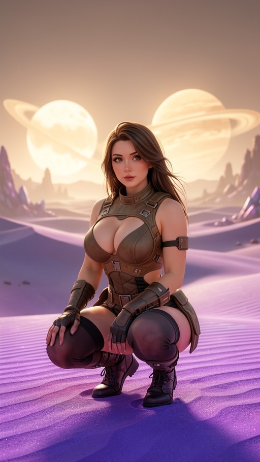 A woman in a brown bodysuit and boots squats on purple sand dunes with two large ringed planets in the background sky.