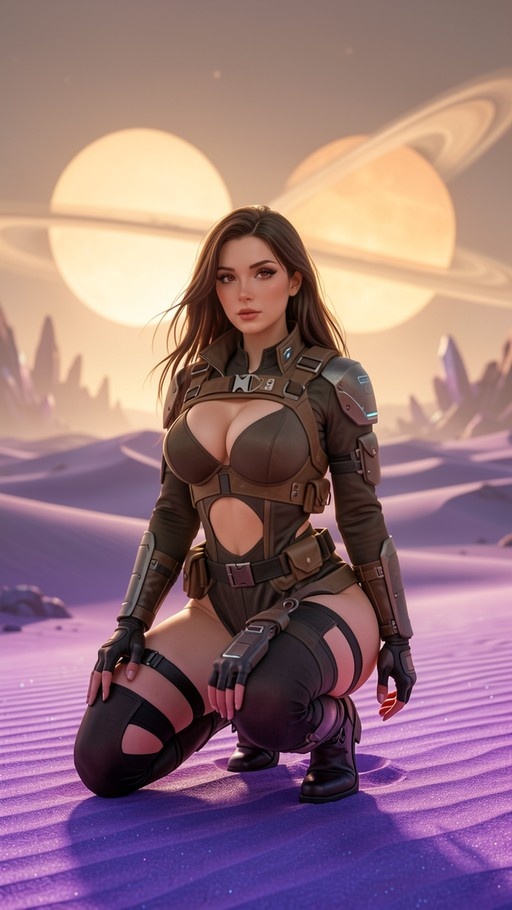 A digital illustration of a brown-haired woman in a futuristic brown leotard and armor crouching on purple sand dunes beneath two large ringed planets.