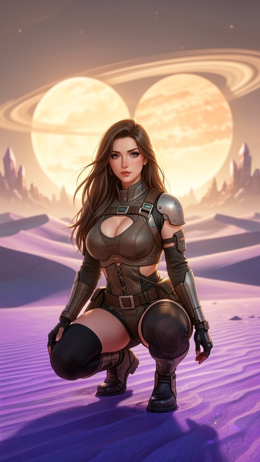 A woman with long brown hair in a brown armored suit crouches on purple sand dunes under two large ringed planets.