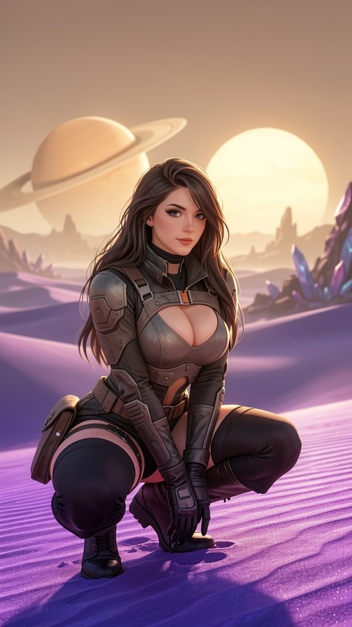A woman in futuristic armor crouching on purple sand dunes with a large ringed planet in the background.