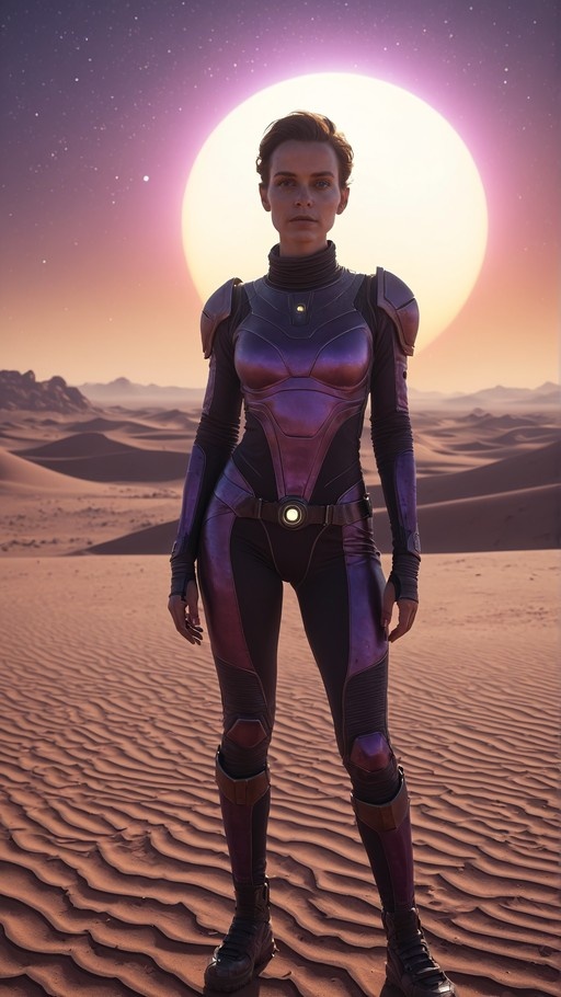 A woman in a futuristic purple and black armored suit stands on sand dunes with a large glowing sun behind her.