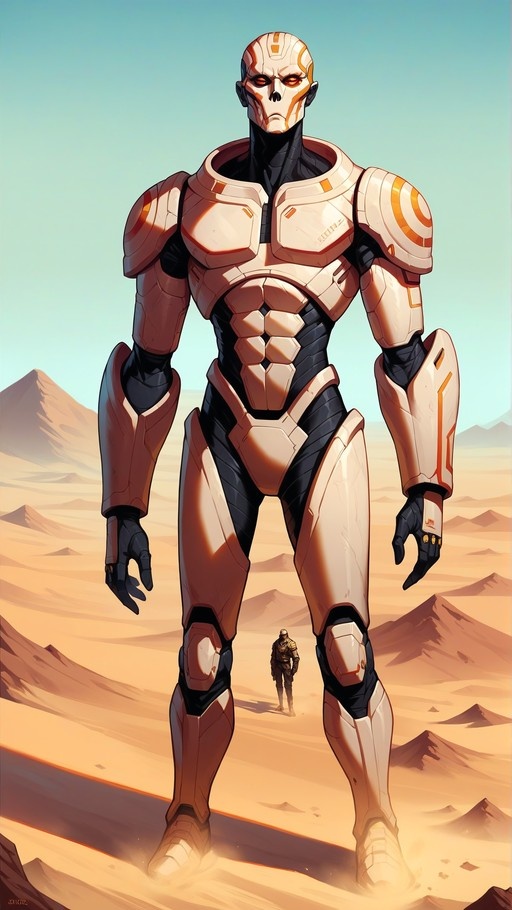 A full-body illustration of a giant armored humanoid robot with glowing orange eyes standing in a desert, with a tiny human figure nearby for scale.