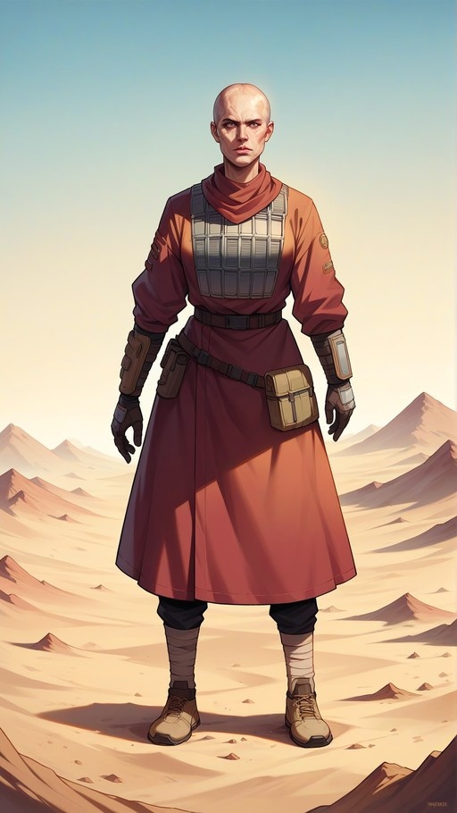 A bald man in reddish-brown robes and armor stands in a desert landscape with mountains in the background.