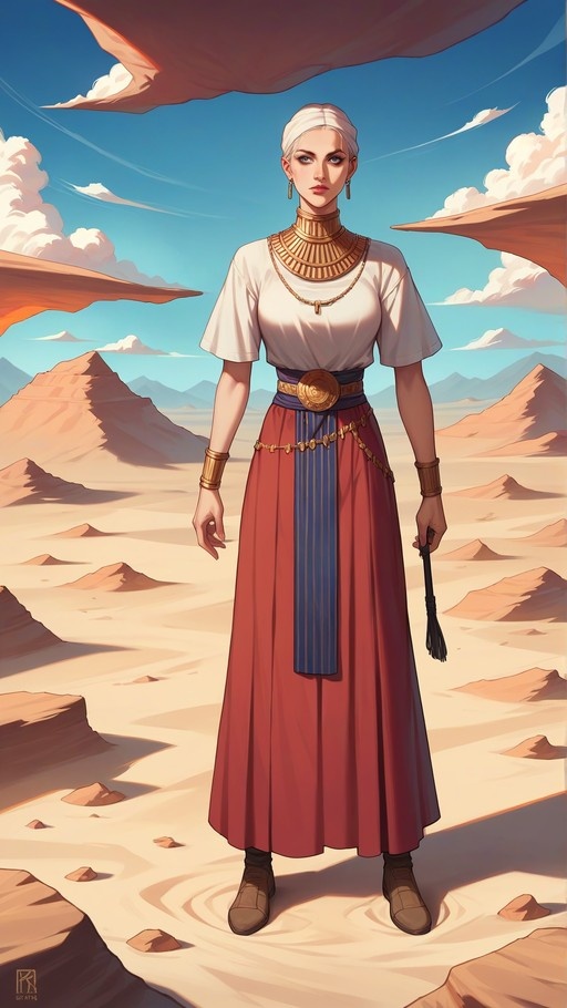 A full-body digital illustration of a woman with short white hair and blue eyes standing in a desert landscape, wearing a red skirt and holding a black whip.
