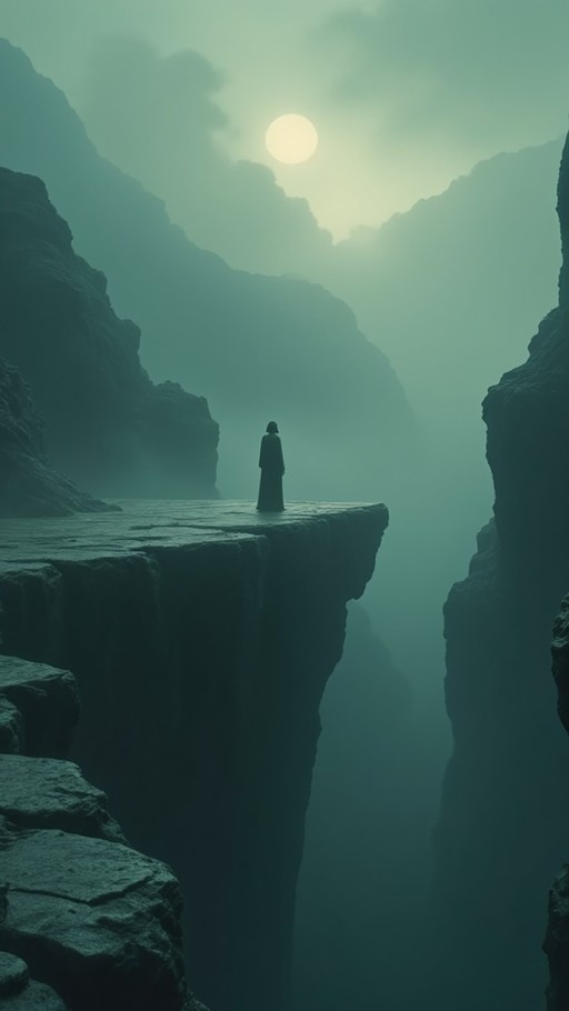 A solitary figure in dark robes stands on the edge of a cliff, gazing out at a vast misty canyon under a hazy green sky with a bright celestial body.