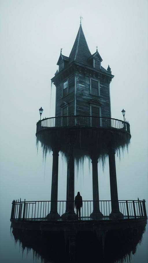A silhouette of a person standing on a platform beneath a tall, dark tower in the fog.
