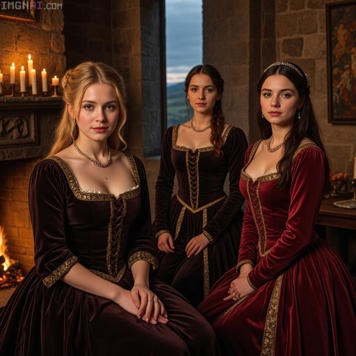 Three women in period velvet dresses pose inside a candlelit stone chamber with a fireplace and a window overlooking hills.