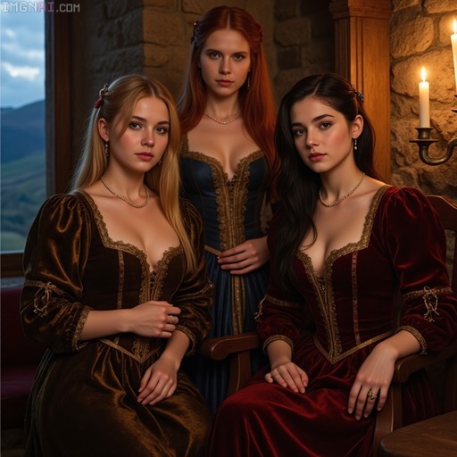 Three young women in medieval velvet dresses posing indoors with candles