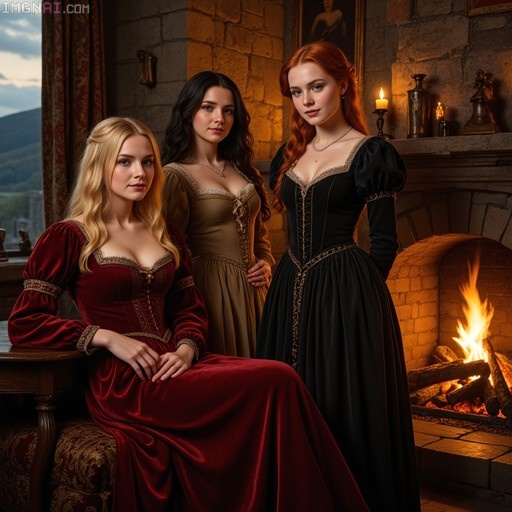 Three women in 16th-century velvet gowns pose inside a stone chamber at Stirling Castle, Scotland, with one seated by a table and another standing near a lit fireplace.