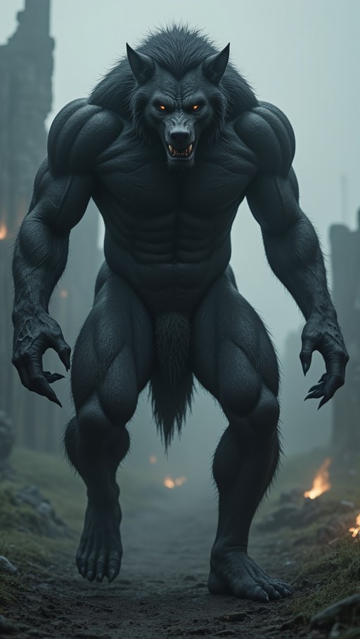 A muscular black werewolf with glowing orange eyes and sharp teeth stands facing the viewer in a misty outdoor setting.