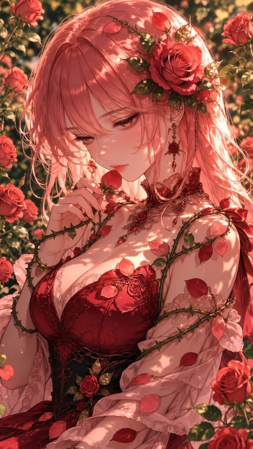 A pink-haired anime girl in a red dress holds a rose while standing among blooming roses and thorny vines.