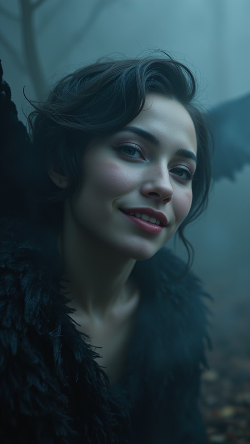 A realistic portrait of a smiling young woman with short dark hair and freckles wearing a black fur-collared coat in a misty forest setting.
