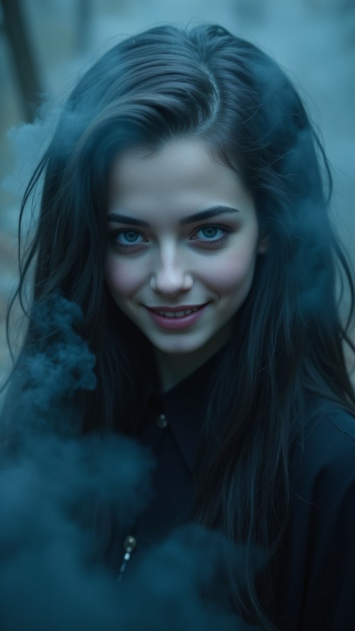A smiling young woman with long dark hair and blue eyes stands in a blue-tinted fog wearing a black collared shirt.