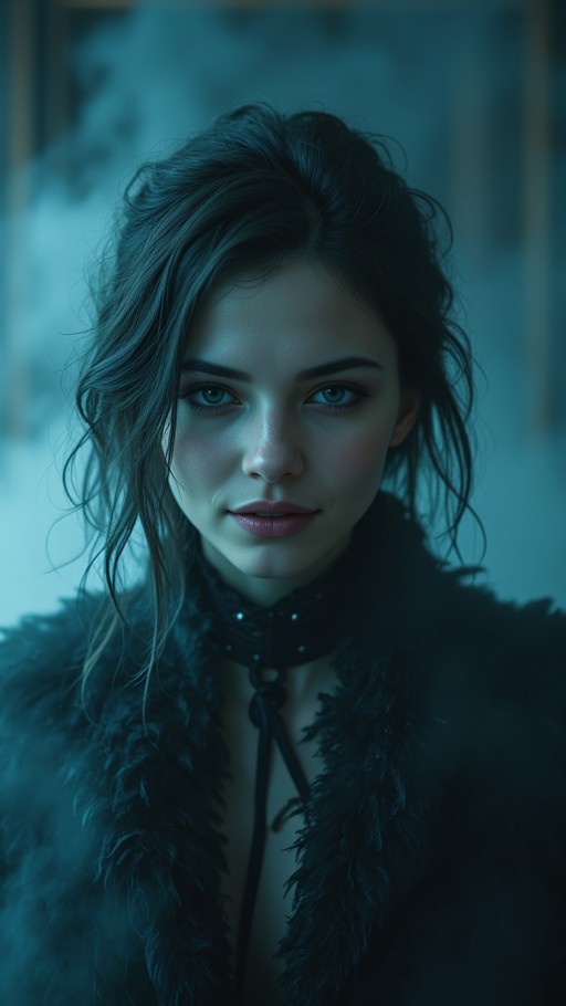 A realistic portrait of a young woman with long dark hair and blue eyes looking at the viewer, wearing a black choker and a coat with a thick fur collar under cool blue lighting.