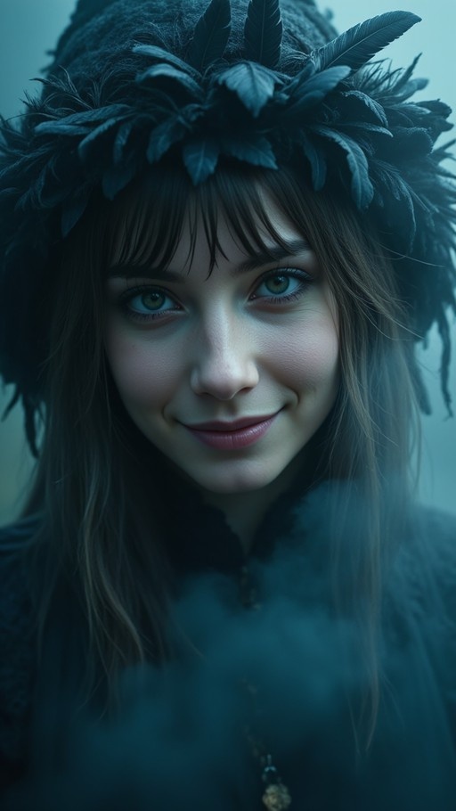 A realistic portrait of a young woman with long brown hair and green eyes, wearing a large dark hat adorned with feathers, looking at the viewer with a gentle smile.