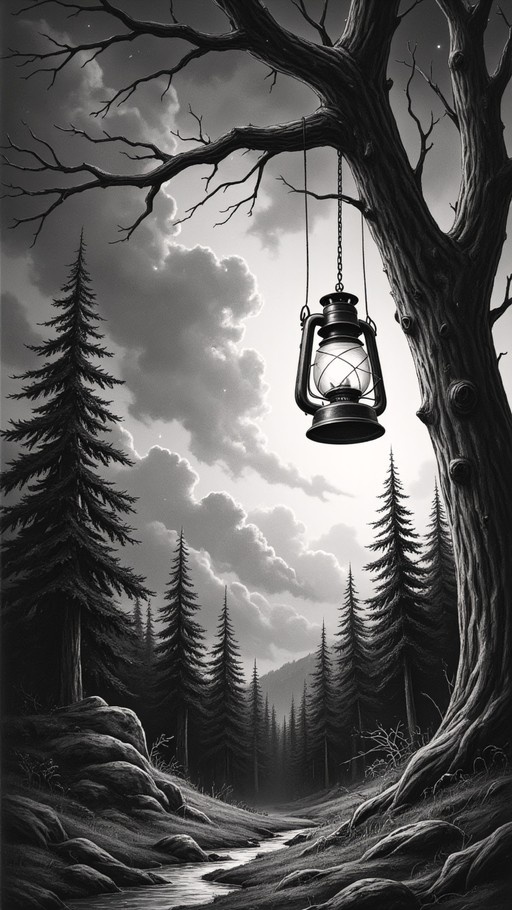 A lit lantern hangs from a large tree branch above a rocky stream in a monochrome forest with pine trees and a cloudy sky.