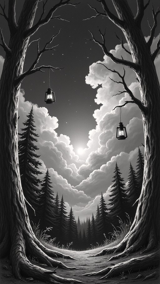 A black and white illustration of a forest path at night framed by large trees with hanging lanterns leading to a bright light in the starry sky above pine trees.