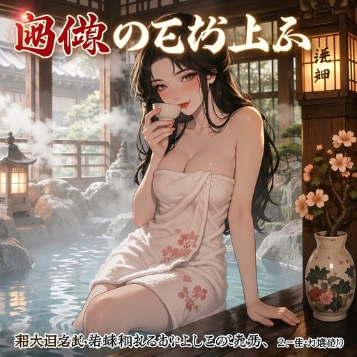 A young woman with long dark hair sits by a steaming onsen pool wrapped in a white towel with pink flowers, holding a small cup to her lips while smiling at the viewer.