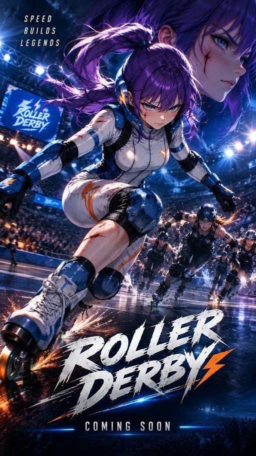 Purple-haired anime girl in roller derby gear racing on a track with sparks flying from her wheels.