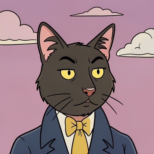 A stoic anthropomorphic black cat with yellow eyes wearing a blue suit and yellow necktie against a cloudy purple sky.