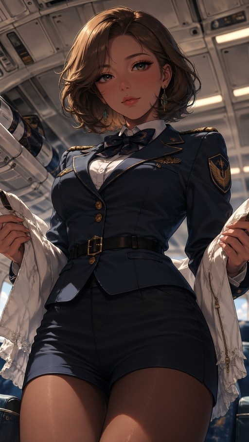 An anime-style illustration of a female flight attendant with short brown hair and blue eyes, wearing a dark blue uniform jacket with gold trim and holding open a white coat inside an airplane cabin.