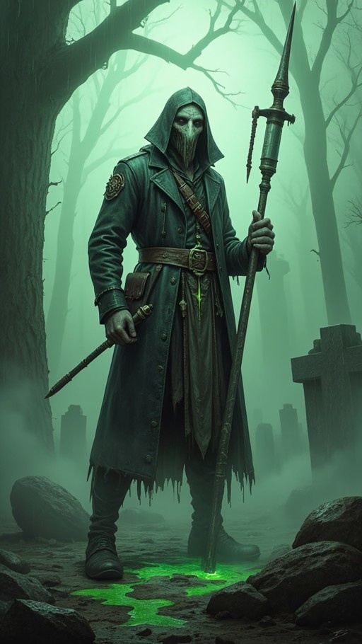 A hooded plague doctor stands in a foggy graveyard holding a spear and dagger, with glowing green liquid at their feet.