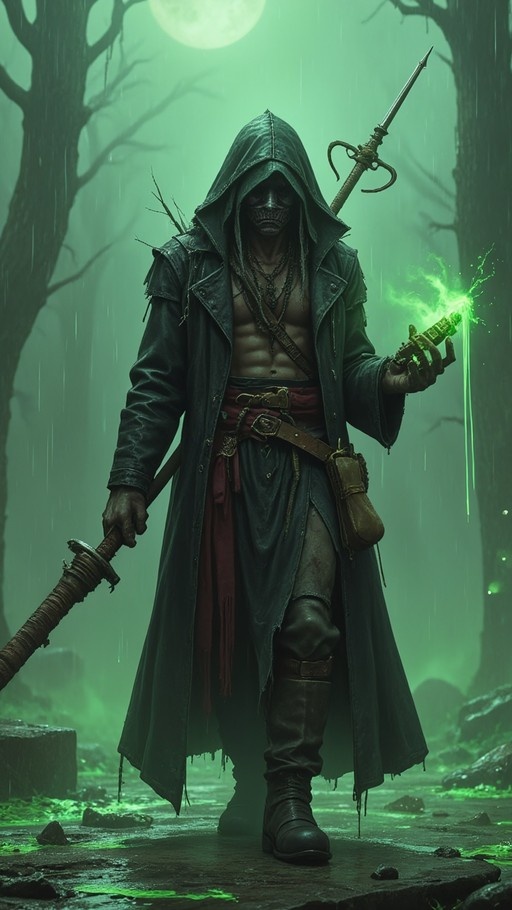 A masked, muscular hooded warrior stands in the rain holding a large sword and a flask emitting green light under a full moon.