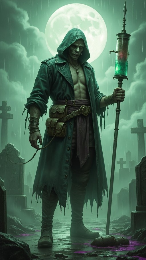 A muscular undead figure in a tattered green hooded coat stands in a rainy graveyard holding a staff with a glowing green vial under a full moon.