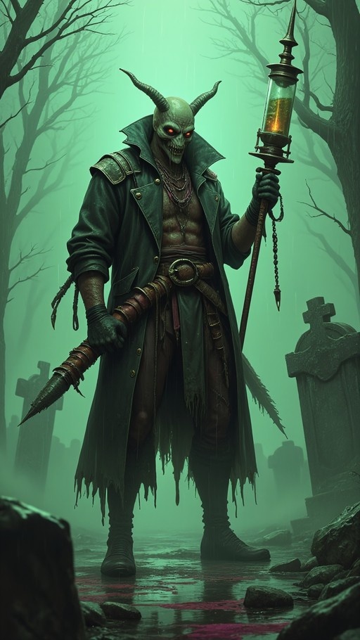 A horned demon with glowing red eyes stands in a foggy graveyard holding a lantern and a spiked weapon while wearing a tattered dark coat over his bare chest.
