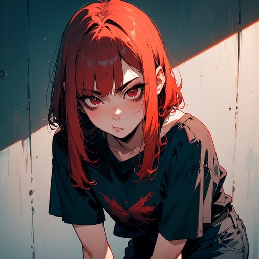 A digital illustration of a red-haired anime girl with red eyes wearing a black t-shirt with a blood stain, looking at the viewer with a pouty expression.