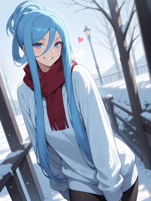 An anime-style illustration of a smiling young woman with long blue hair, wearing a white sweater and red scarf in a snowy outdoor setting.