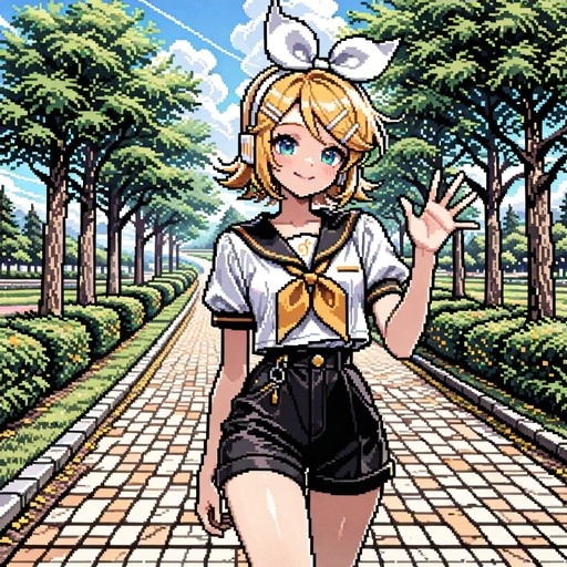 A pixel art illustration of Kagamine Rin with blonde hair and a yellow bow, wearing a white sailor shirt and black shorts, waving on a brick path surrounded by green trees.