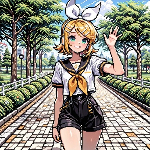 Pixel art of Kagamine Rin waving on a park path, wearing a sailor shirt and yellow bow.