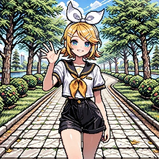 Pixel art of Kagamine Rin in a sailor uniform waving on a tree-lined path.