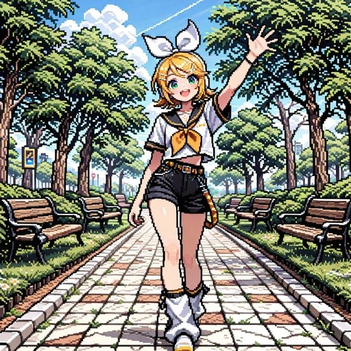 Pixel art of Kagamine Rin waving on a park path.