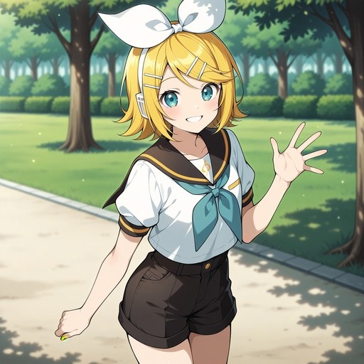 Kagamine Rin waving in a park wearing a sailor shirt and black shorts.