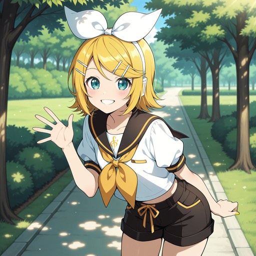 An anime-style illustration of Kagamine Rin in a sailor uniform and large white bow, smiling and waving on a sunny park path.