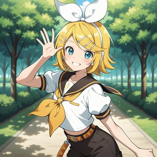Kagamine Rin with short blonde hair and blue eyes wearing a sailor uniform and headphones waves at the viewer on a sunny path.