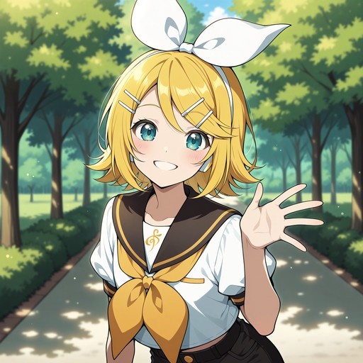 A digital illustration of Kagamine Rin with short blonde hair and blue eyes, wearing a white shirt with a brown sailor collar and yellow bow, waving happily in a sunlit park.