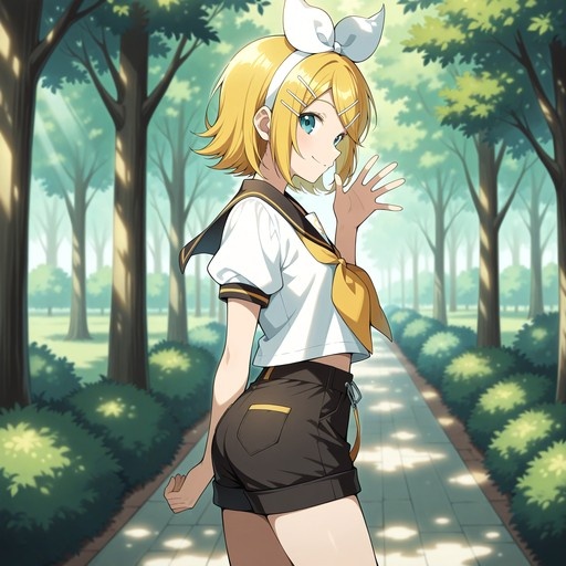 Kagamine Rin with short blonde hair and a large white bow waves while standing on a tree-lined path in bright sunlight.