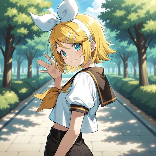 Kagamine Rin with short blonde hair and blue eyes waves while standing on a tree-lined path in a sailor outfit.