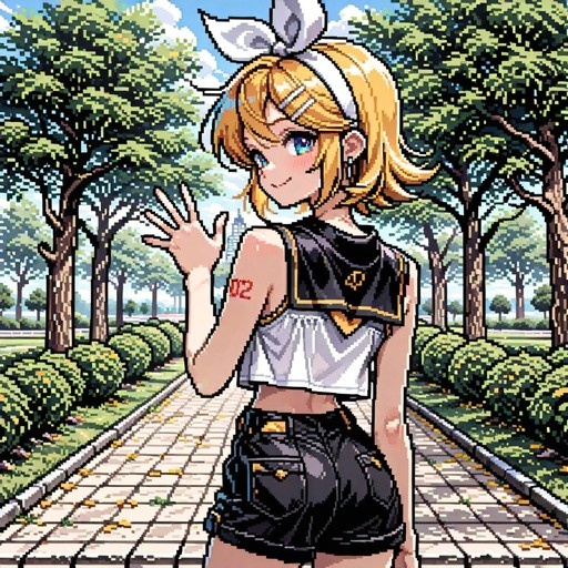 Pixel art of Kagamine Rin waving on a sunny path.