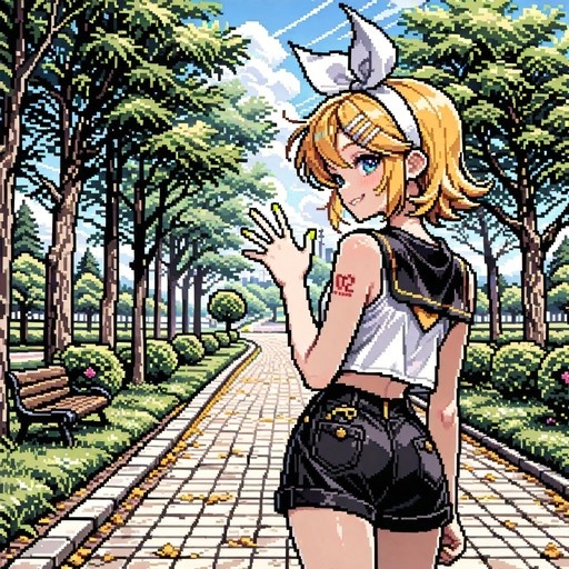 Pixel art of Kagamine Rin in a park looking back and waving at the viewer.